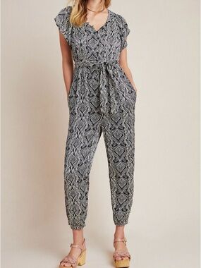 Anthropologie Black & White Paisley-Print V-Neck Tie-Waist Jumpsuit